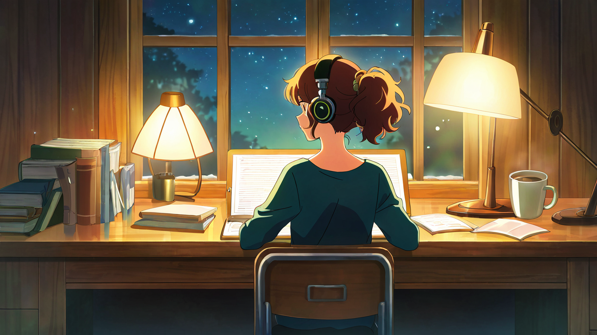 girl desk night lamp lofi wallpaper
