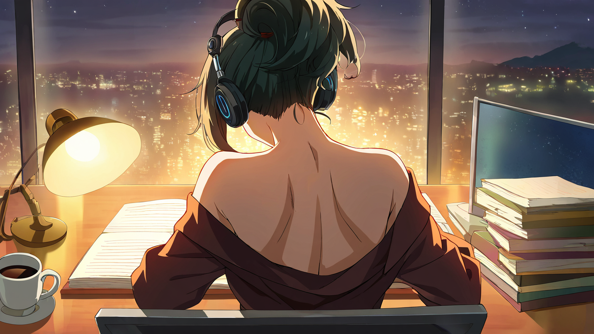 girl desk night lamp lofi wallpaper