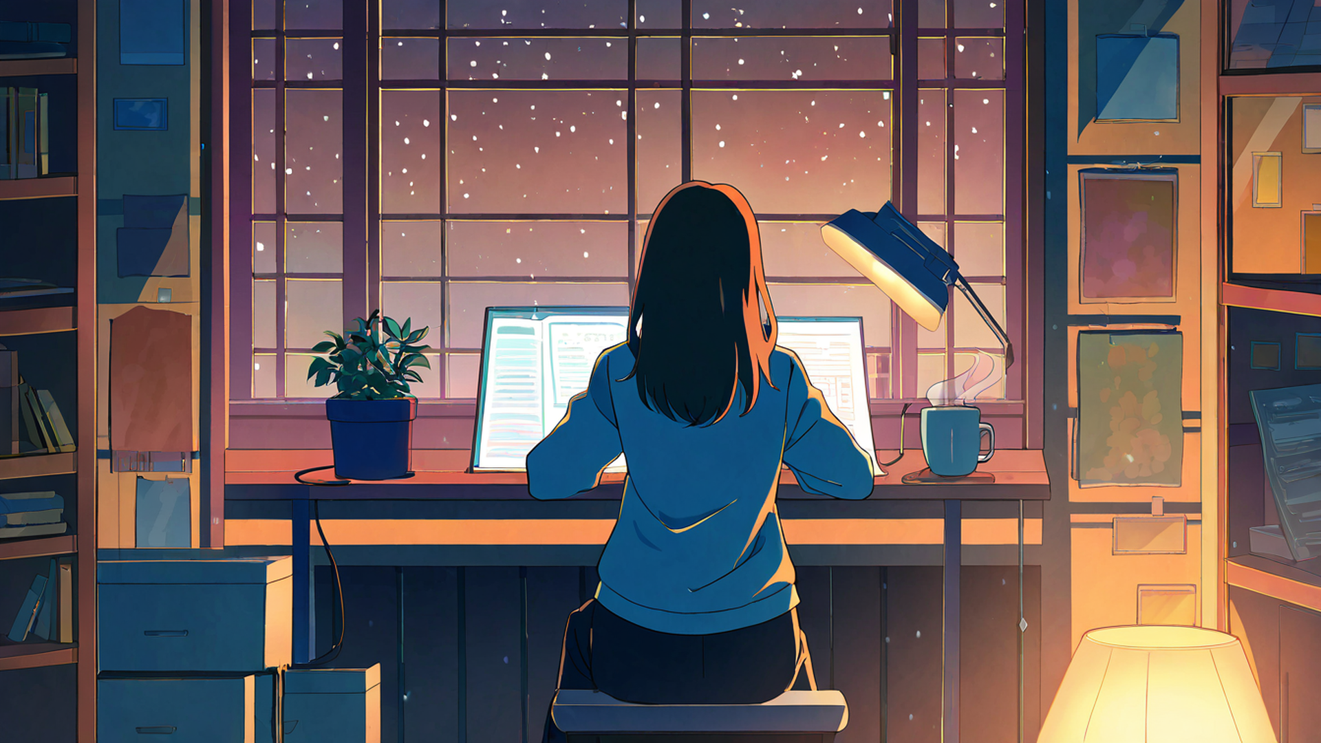 girl desk night lamp lofi wallpaper