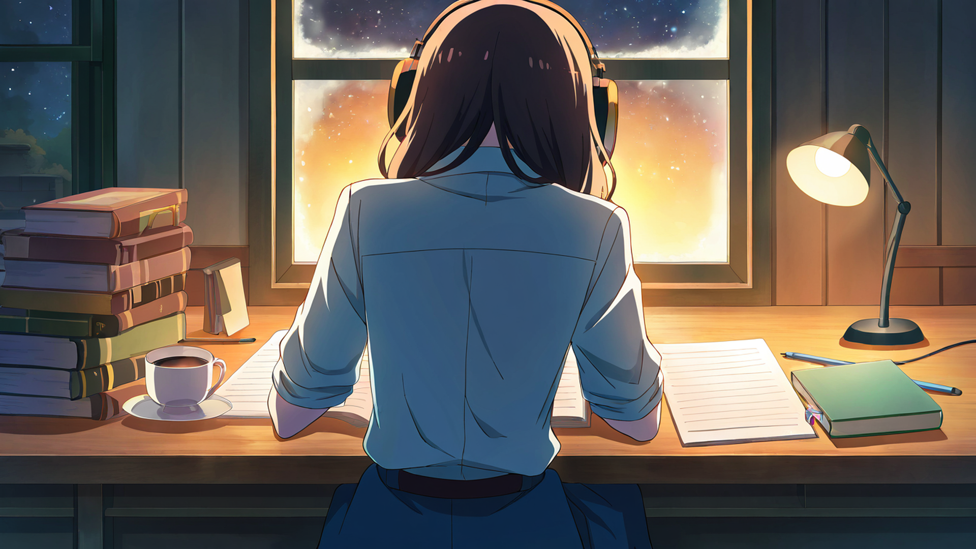 girl desk night lamp lofi wallpaper