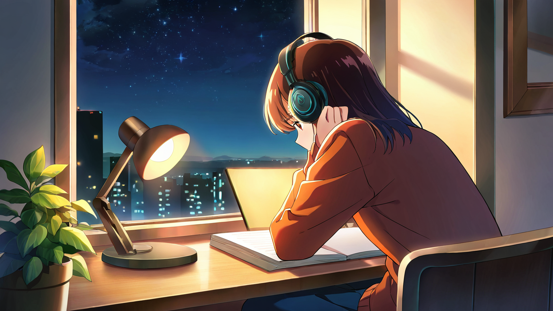 girl desk night lamp lofi wallpaper