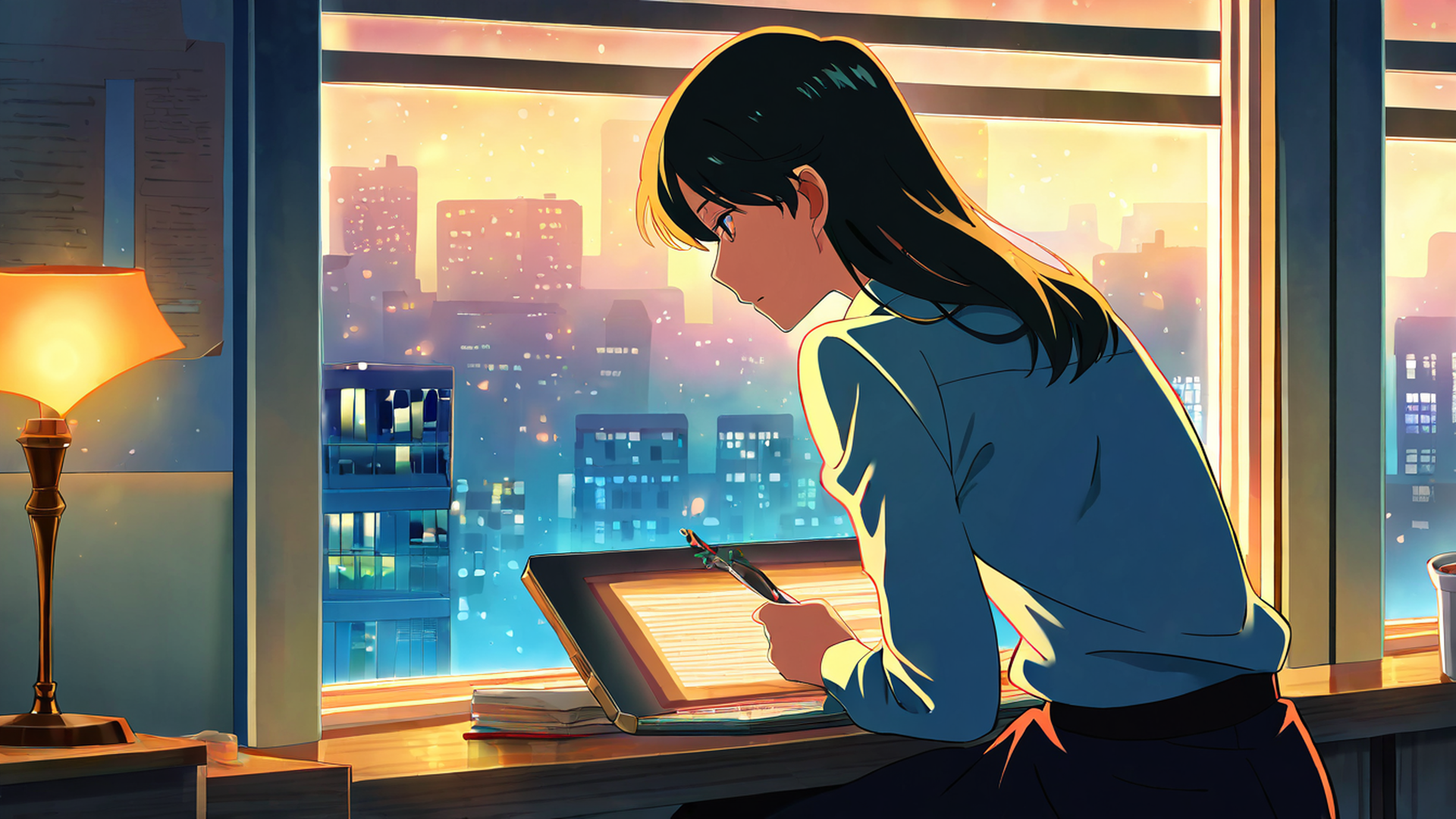 girl desk night lamp lofi wallpaper