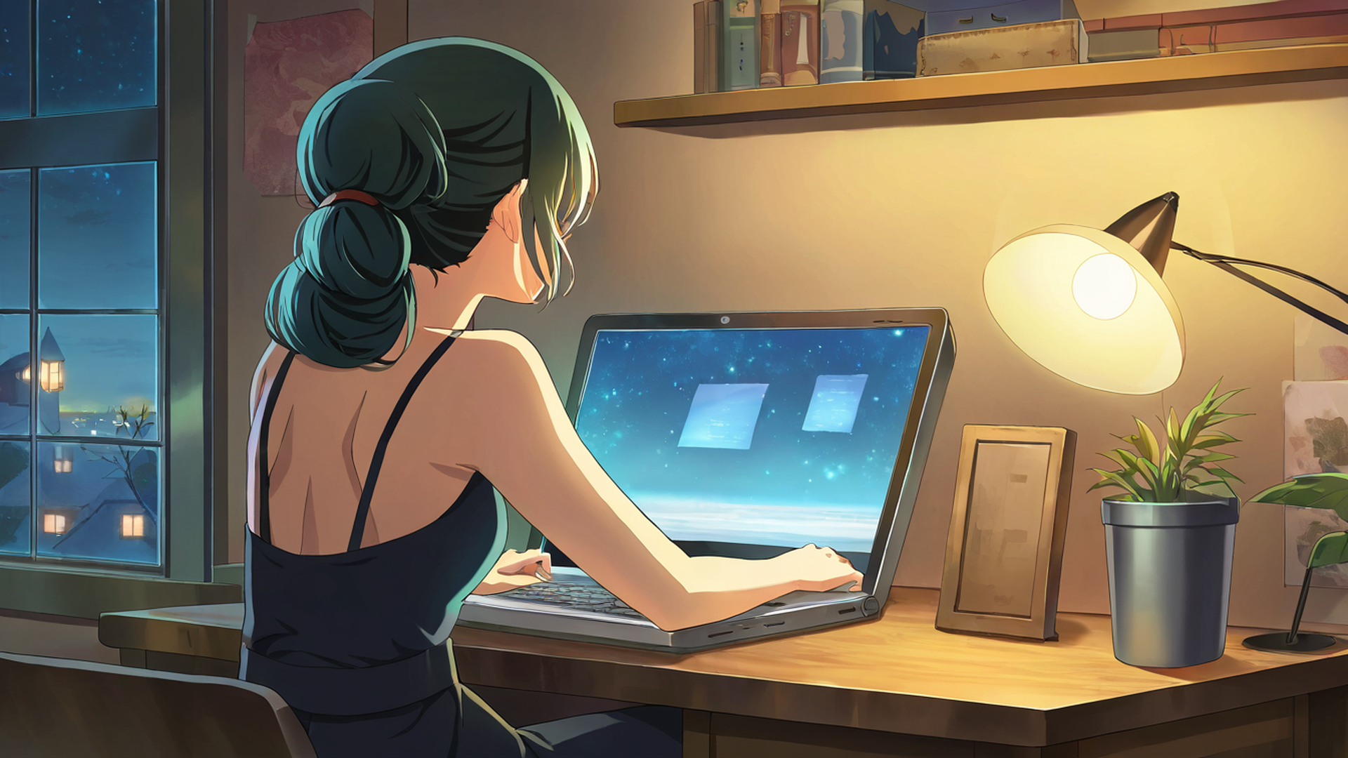girl desk night lamp lofi wallpaper