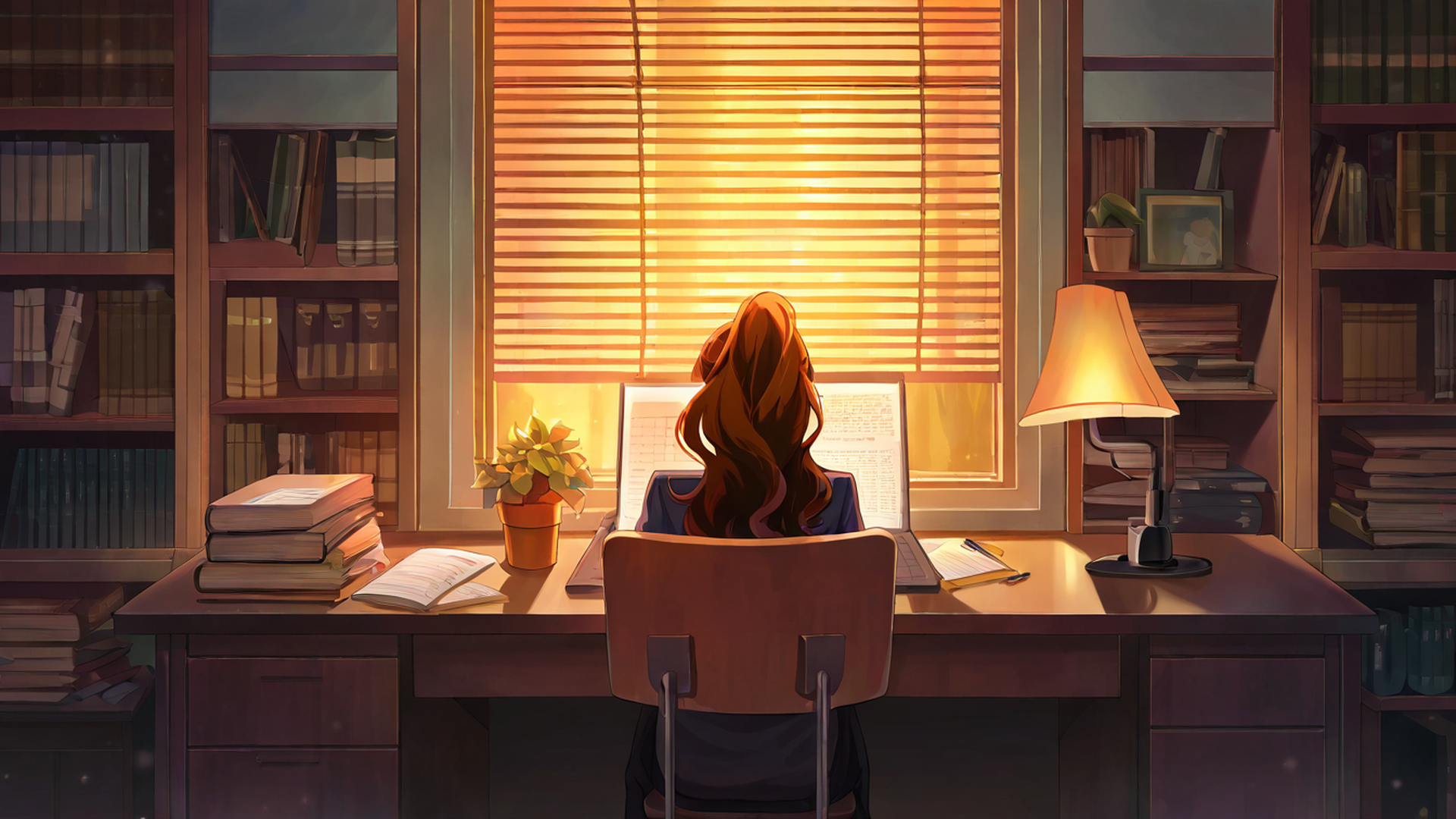girl desk night lamp lofi wallpaper