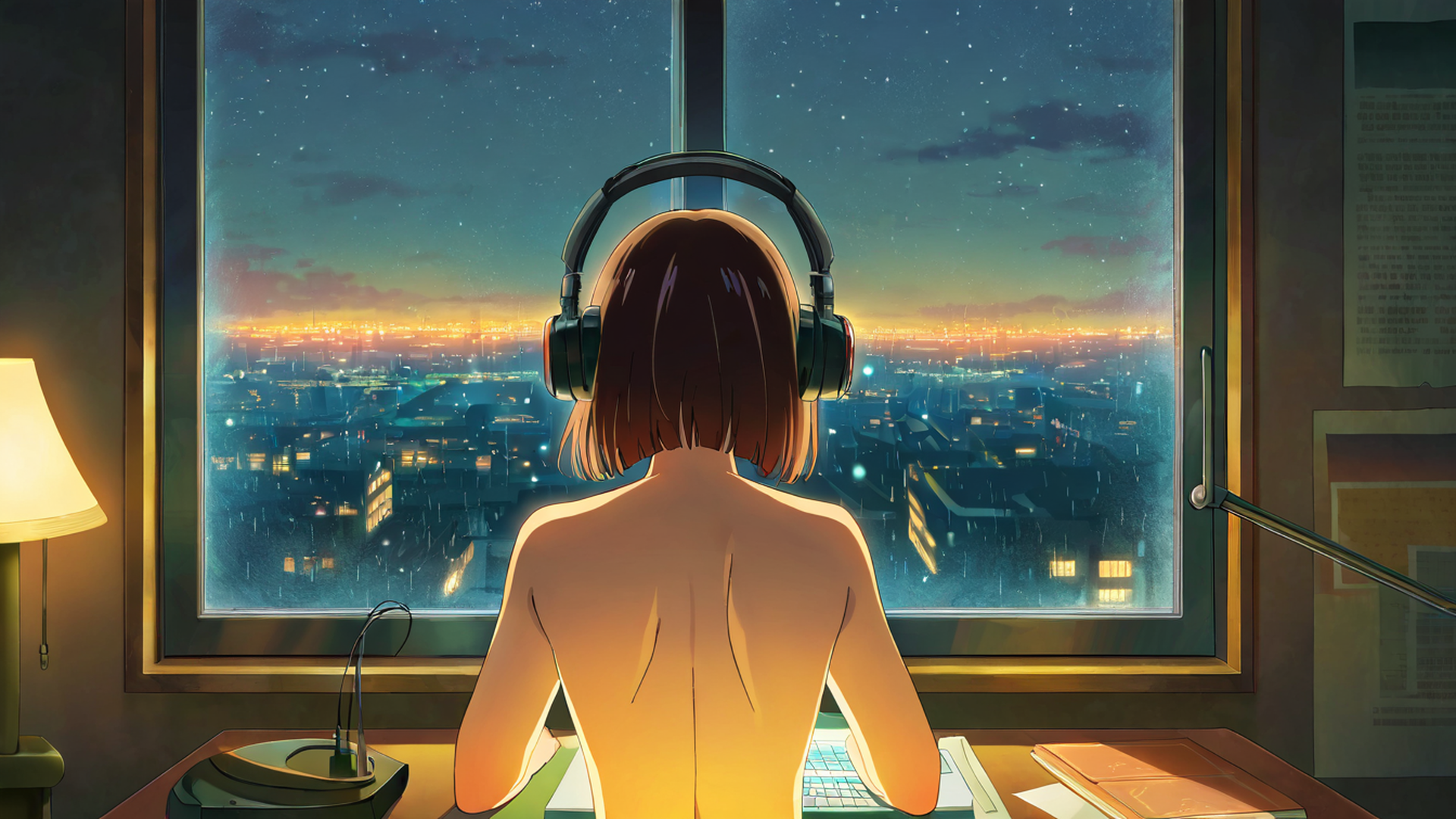 girl desk night lamp lofi wallpaper