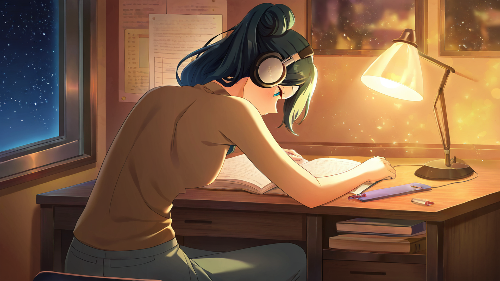 girl desk night lamp lofi wallpaper