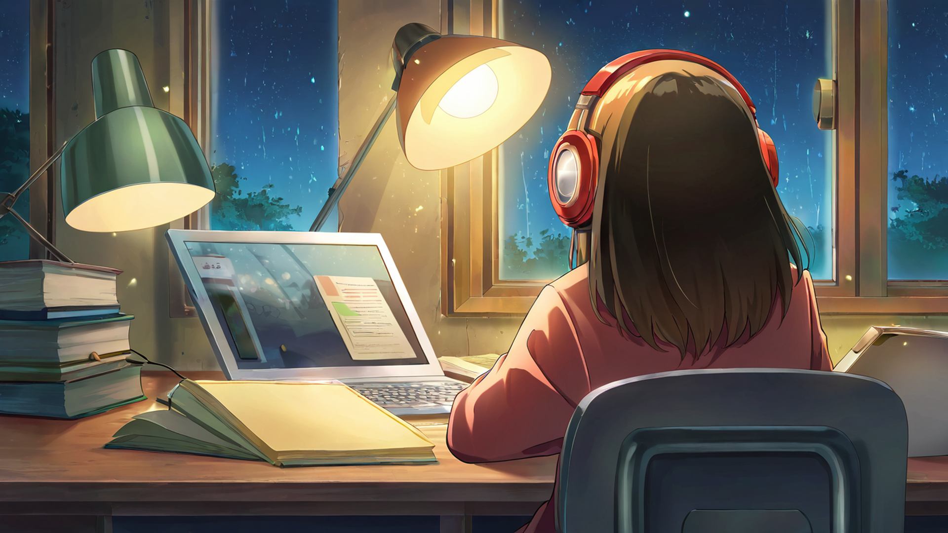 girl desk night lamp lofi wallpaper