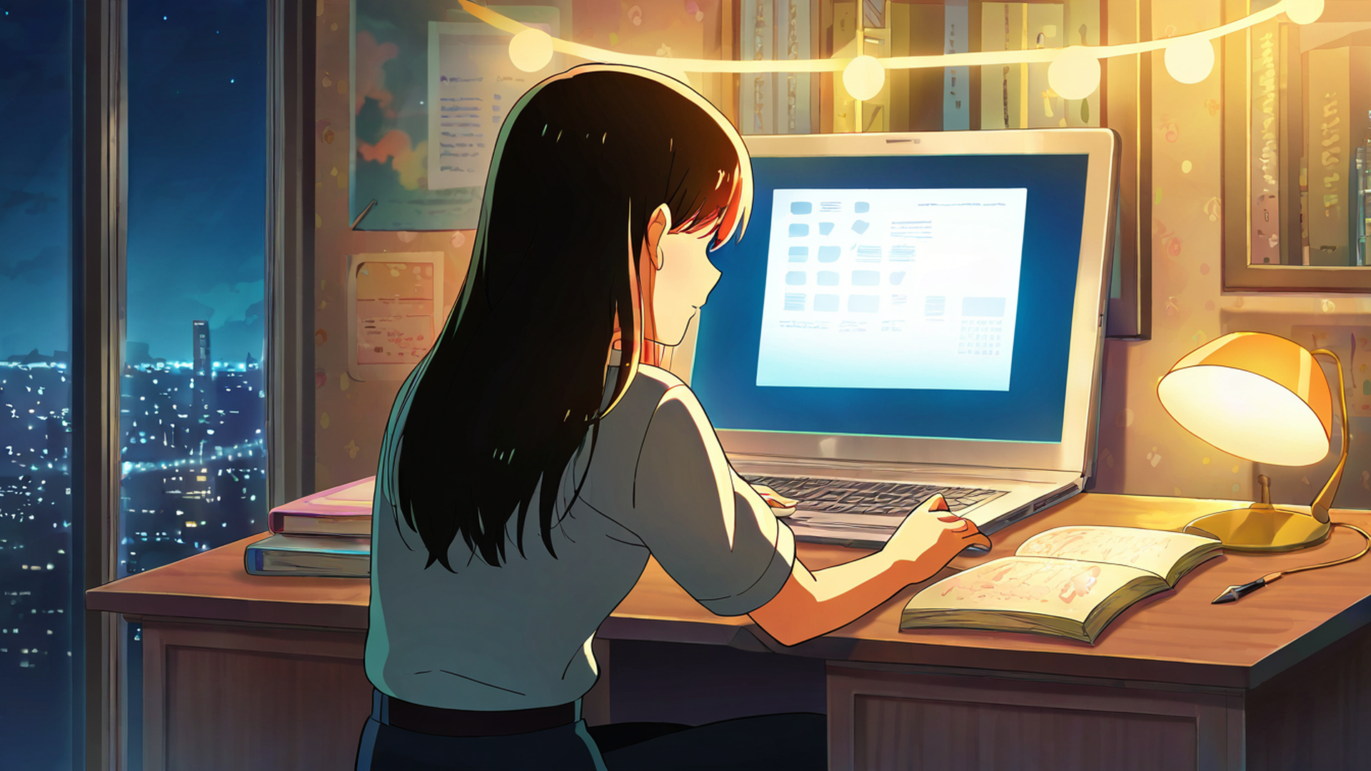 girl desk night lamp lofi wallpaper