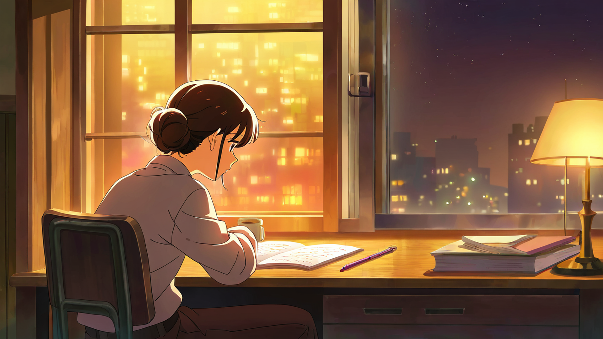 girl desk night lamp lofi wallpaper