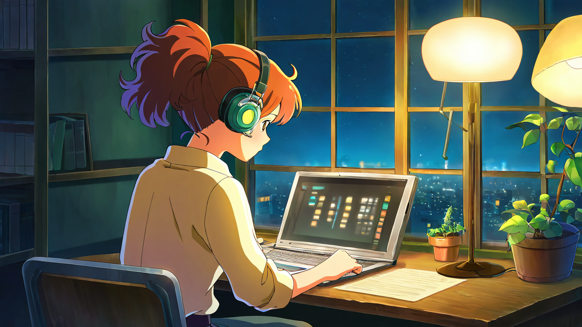 girl desk night lamp lofi wallpaper
