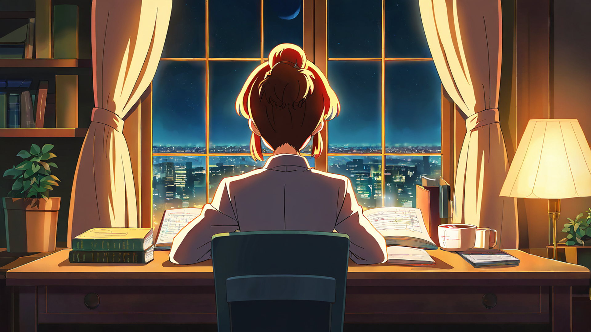 girl desk night lamp lofi wallpaper