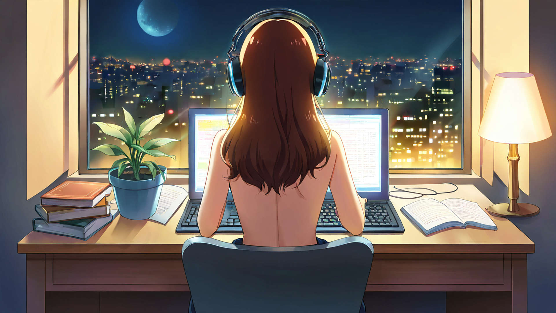 girl desk night lamp lofi wallpaper