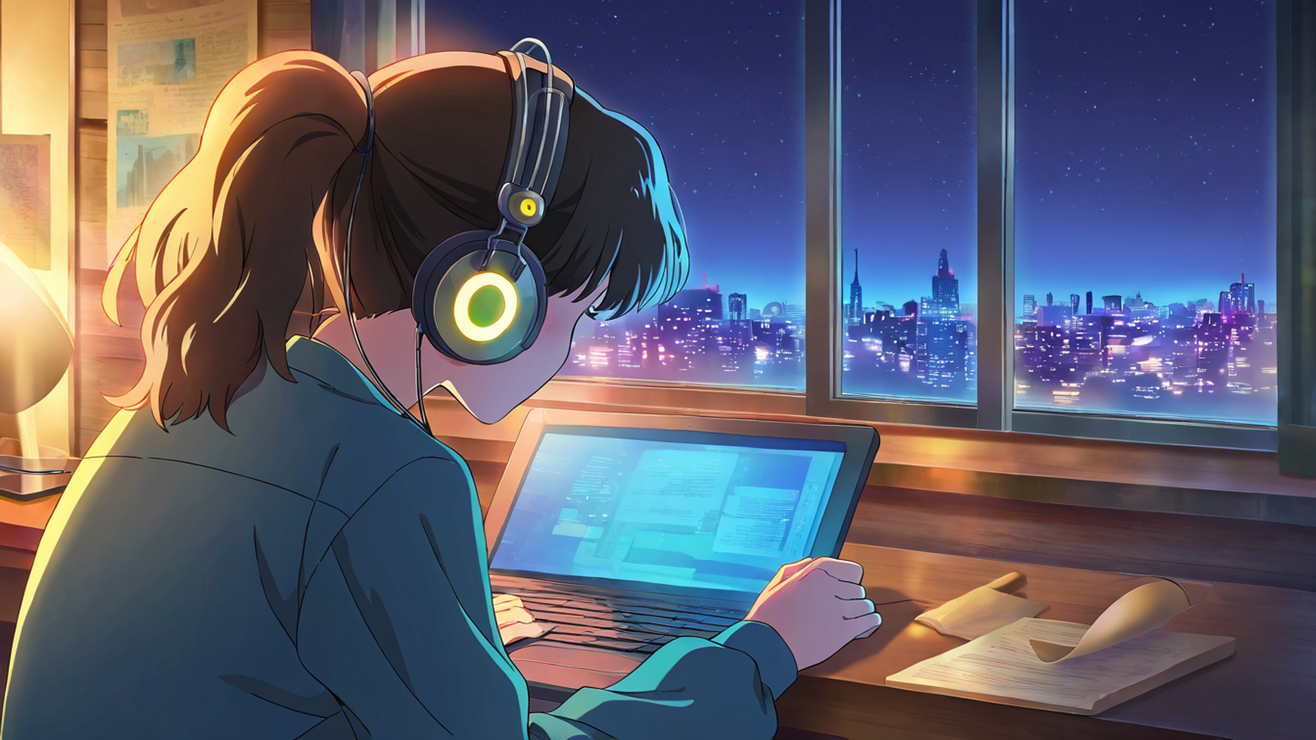 girl desk night lamp lofi wallpaper
