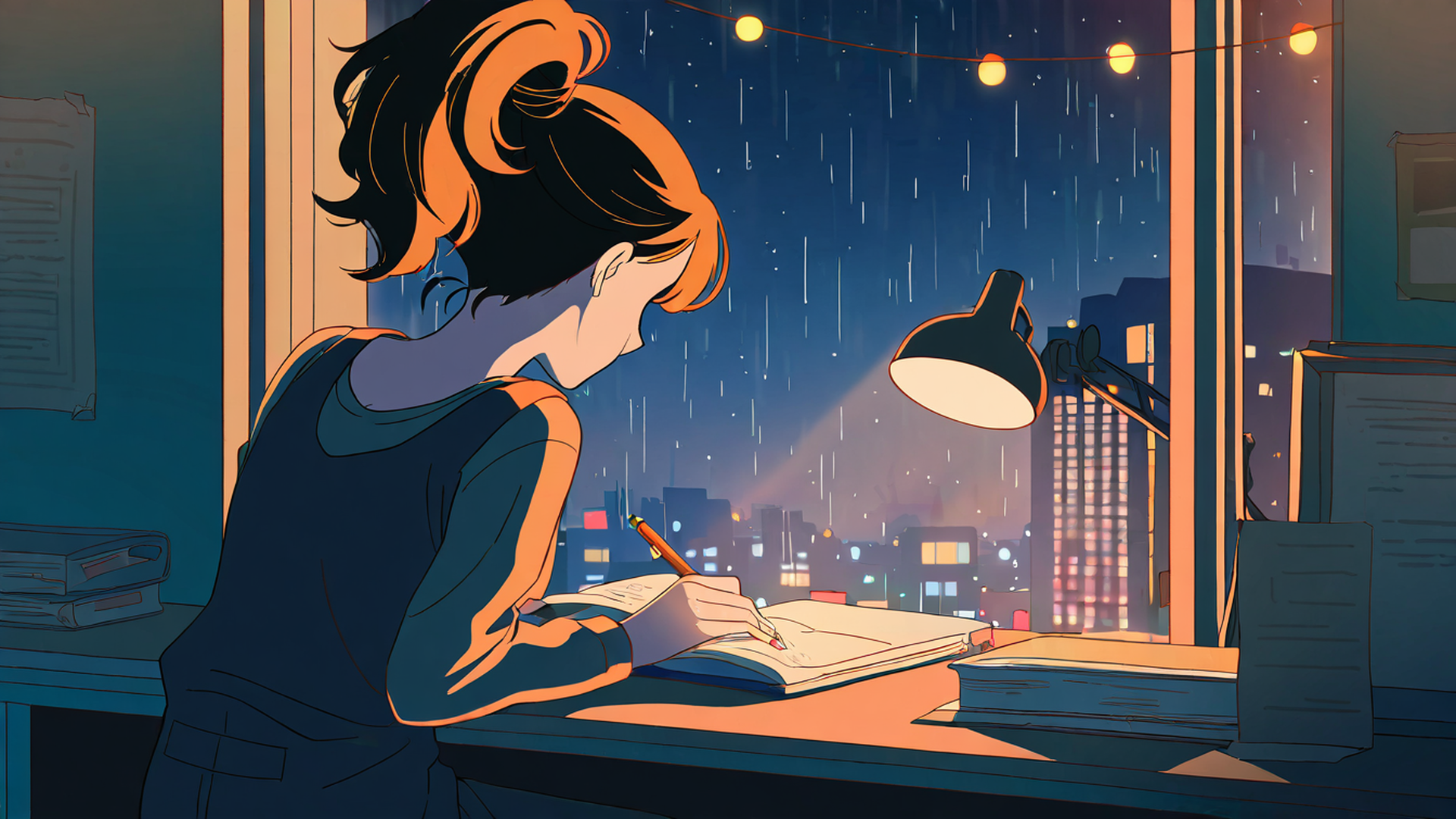girl desk night lamp lofi wallpaper