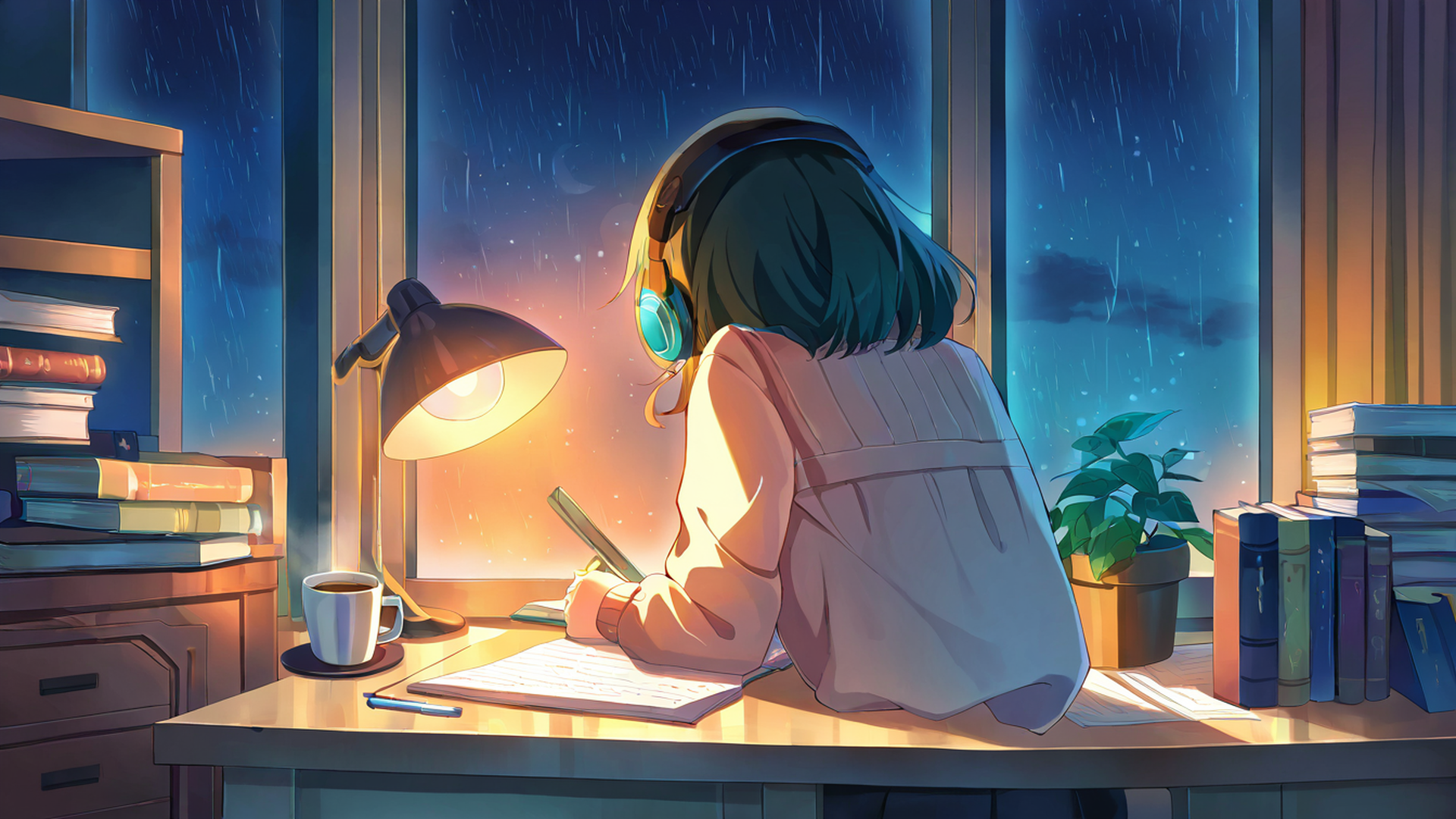 girl desk night lamp lofi wallpaper