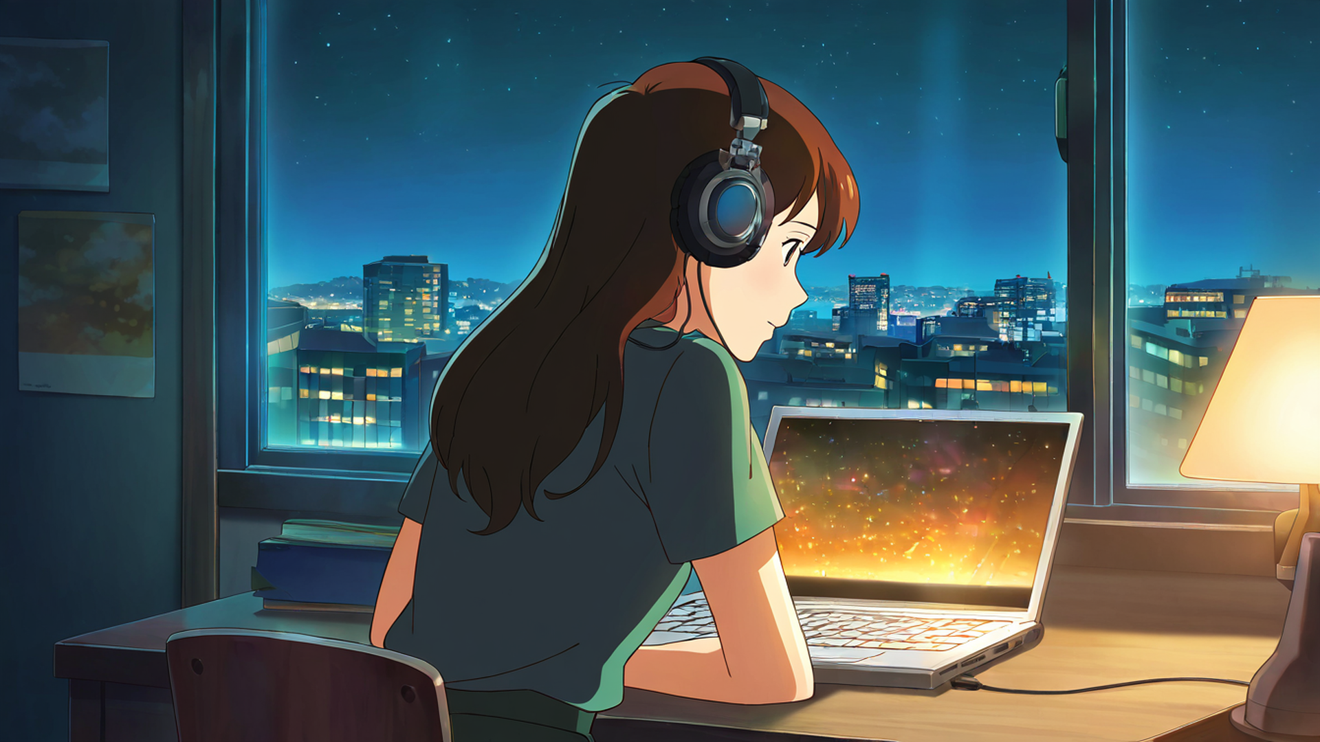 girl desk night lamp lofi wallpaper