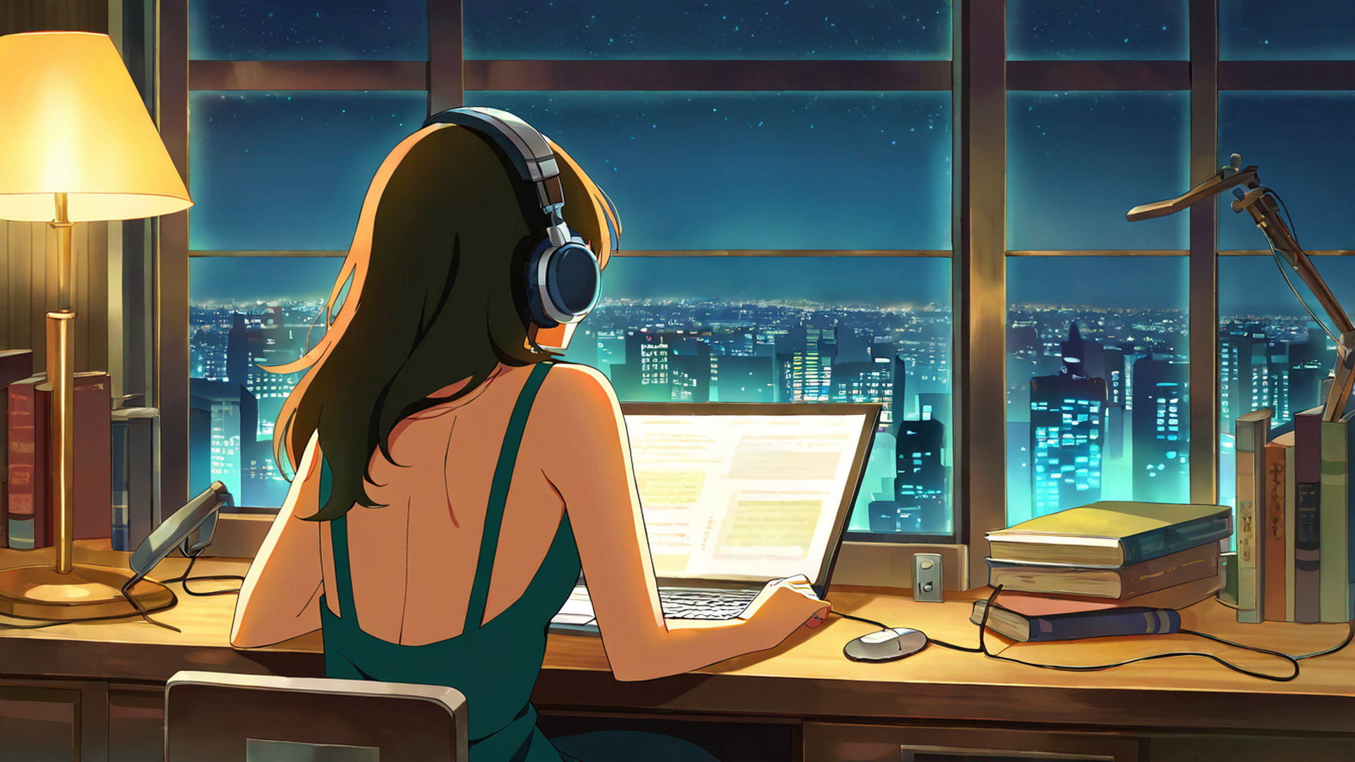 girl desk night lamp lofi wallpaper