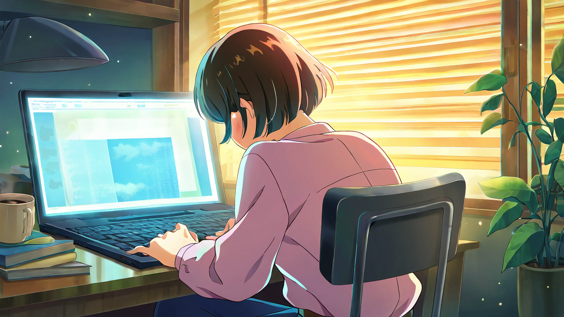 girl desk night lamp lofi wallpaper