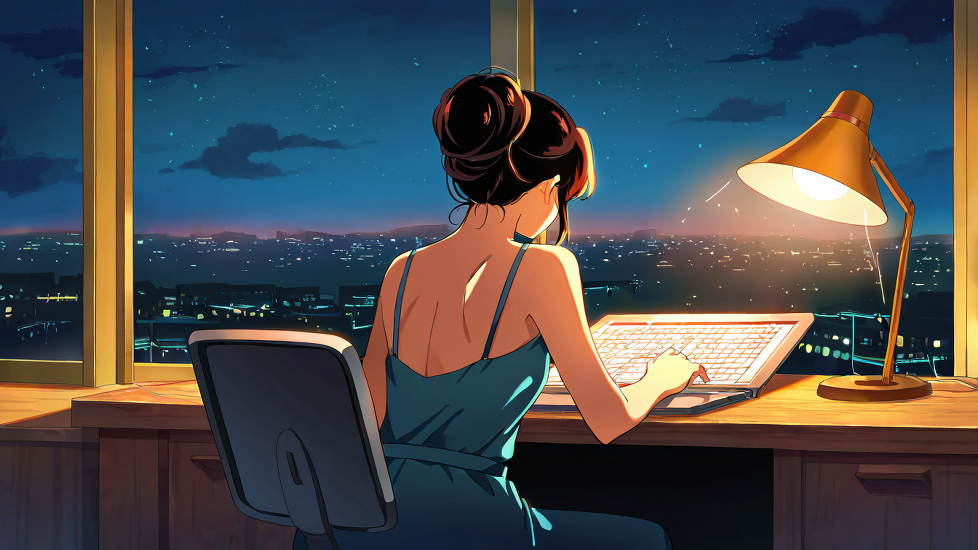girl desk night lamp lofi wallpaper