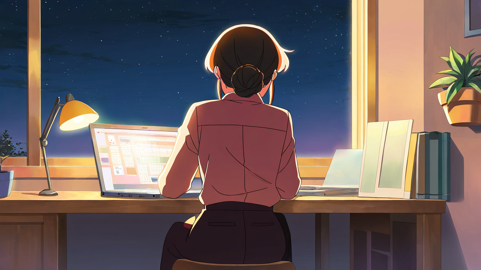 girl desk night lamp lofi wallpaper