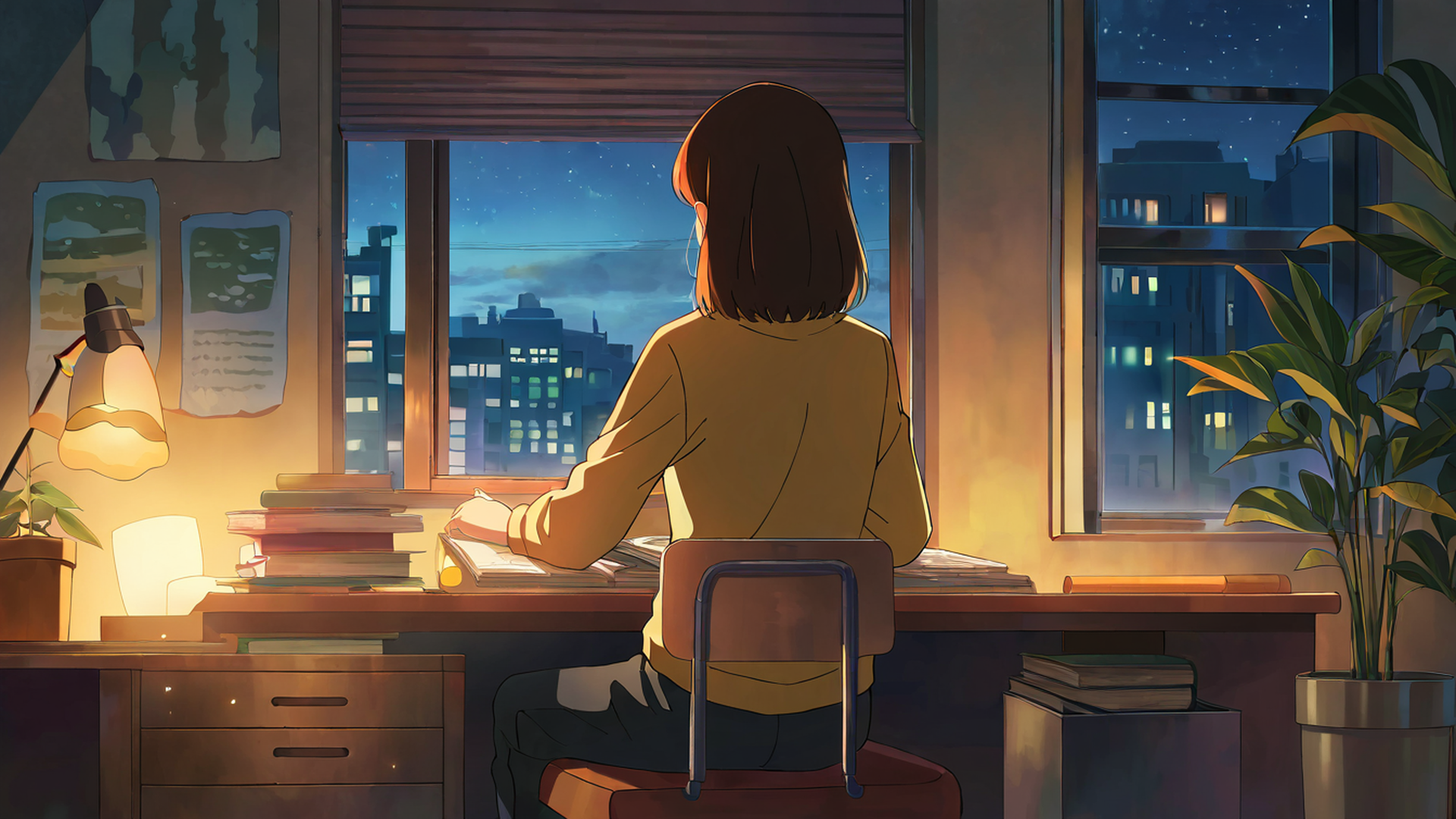 girl desk night lamp lofi wallpaper