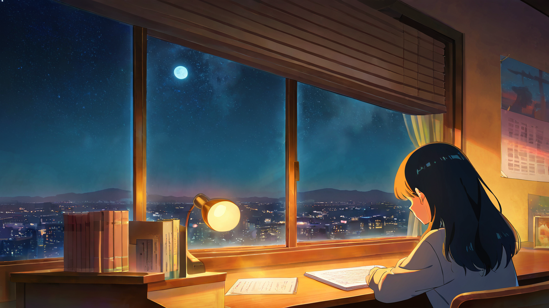 girl desk night lamp lofi wallpaper