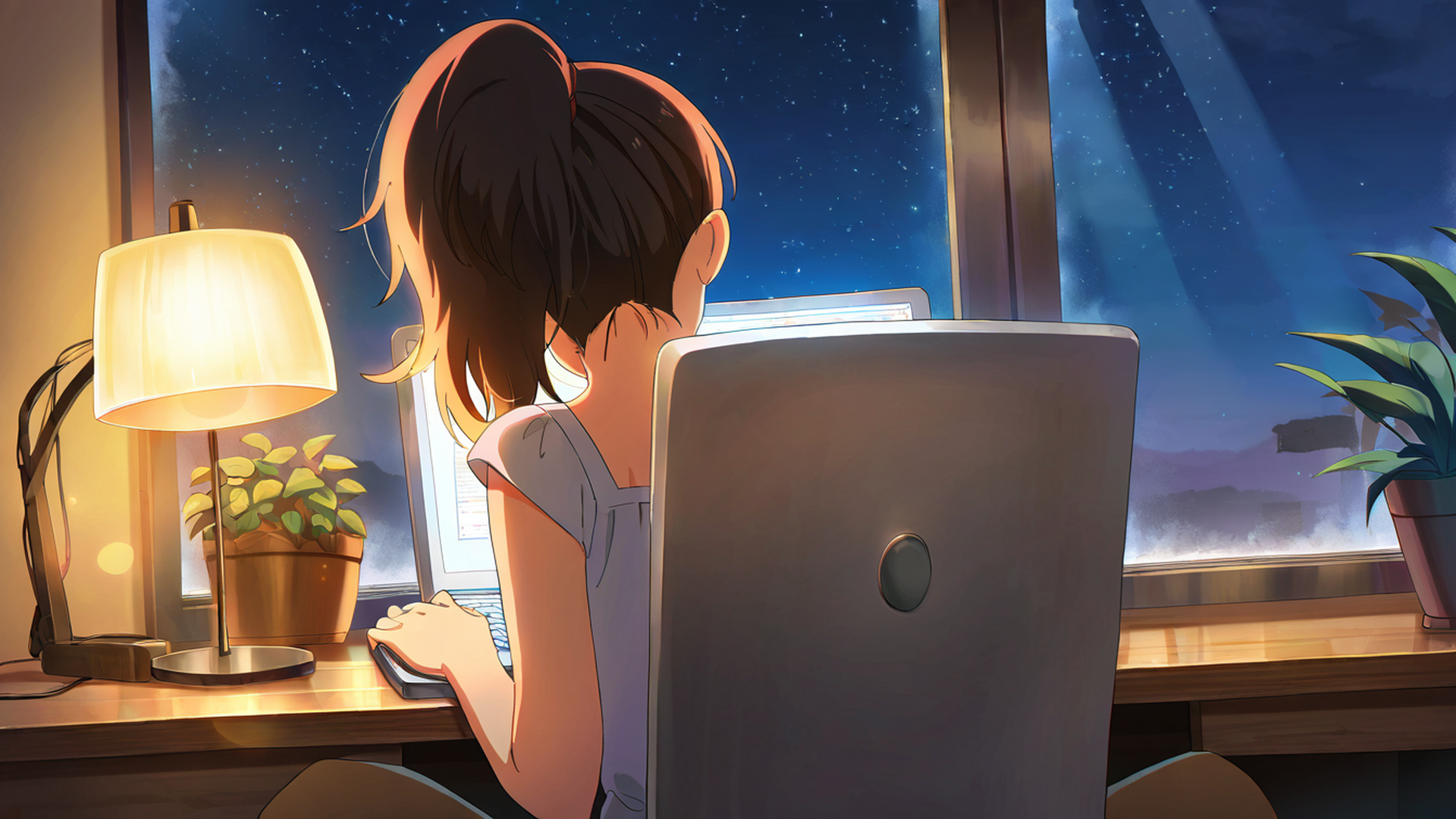 girl desk night lamp lofi wallpaper