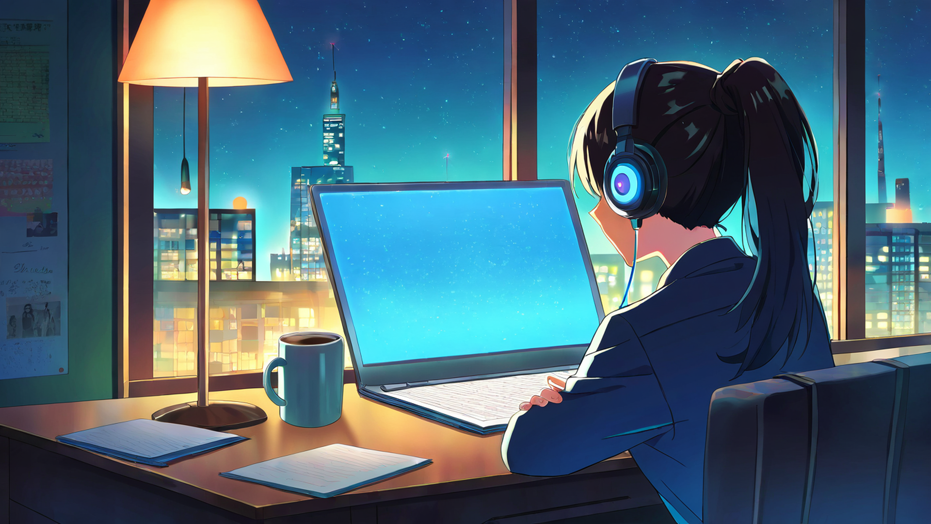 girl desk night lamp lofi wallpaper