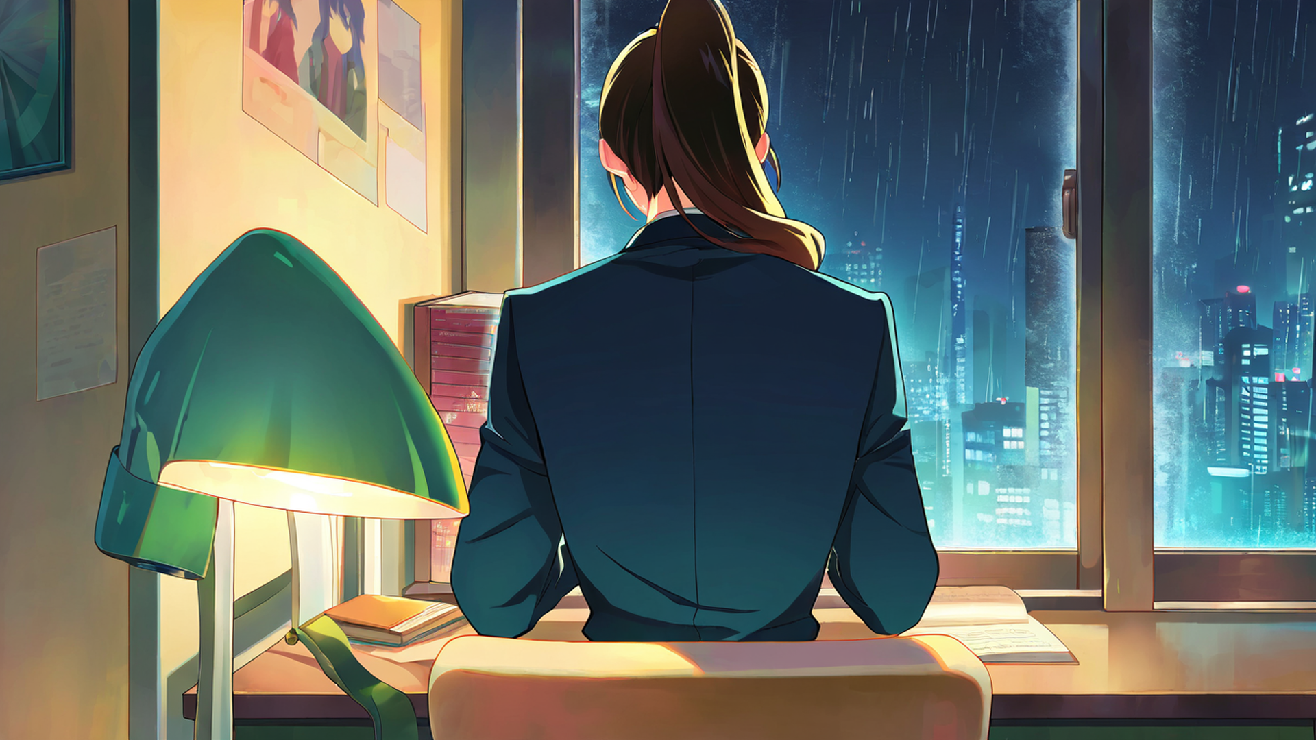 girl desk night lamp lofi wallpaper