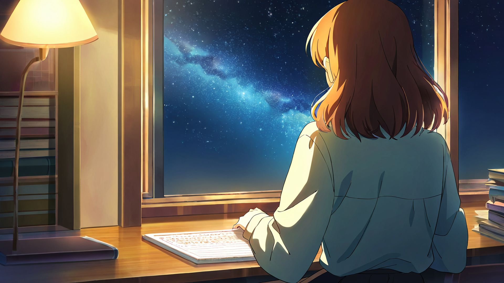girl desk night lamp lofi wallpaper