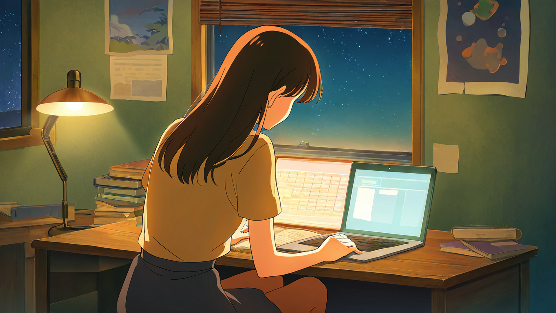 girl desk night lamp lofi wallpaper