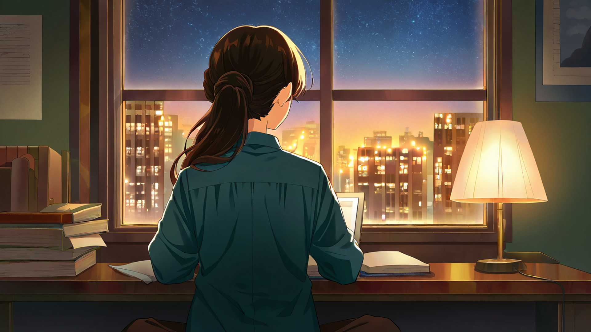 girl desk night lamp lofi wallpaper