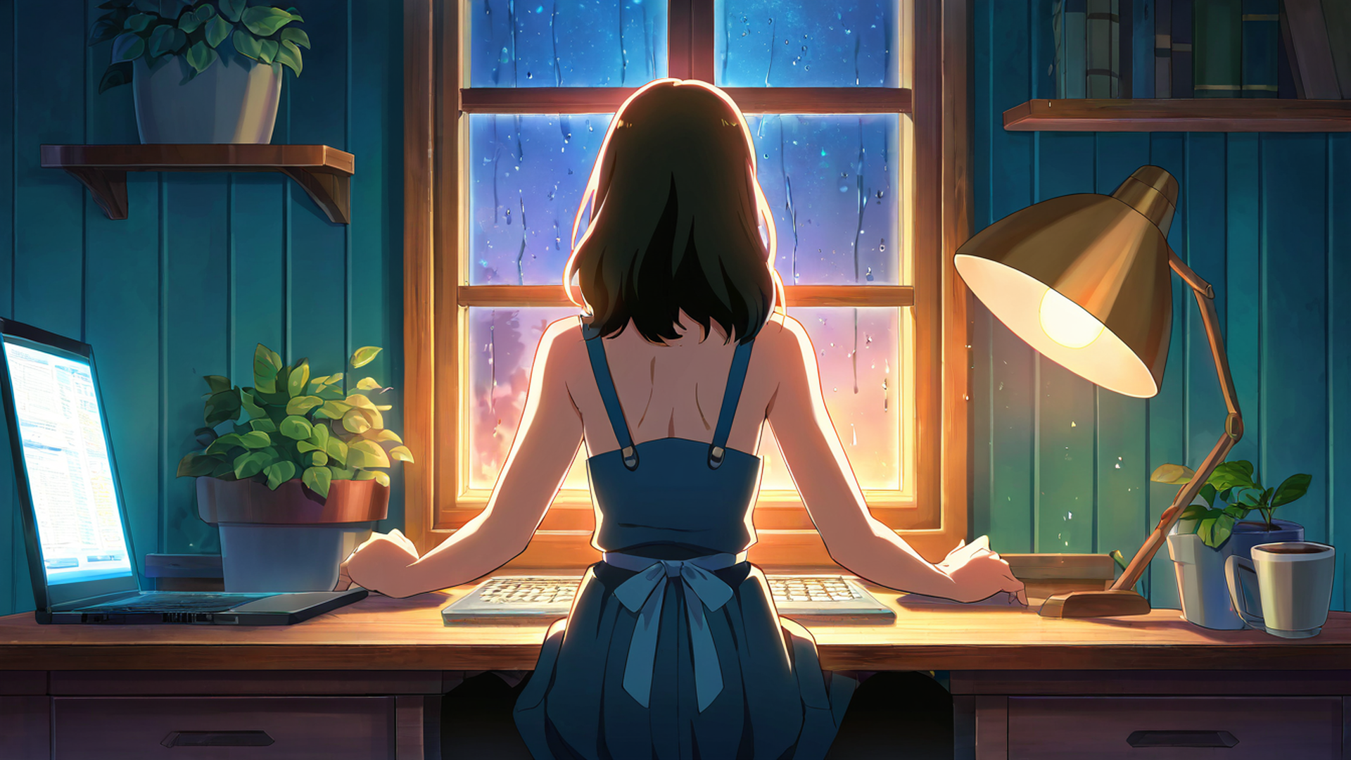 girl desk night lamp lofi wallpaper