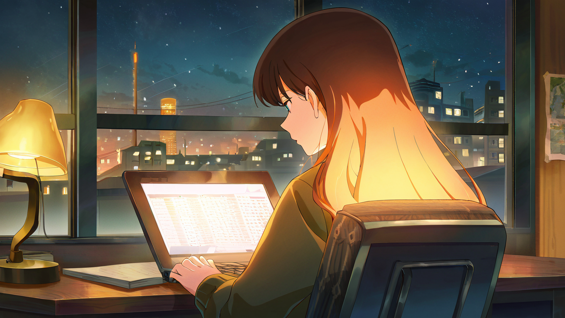girl desk night lamp lofi wallpaper
