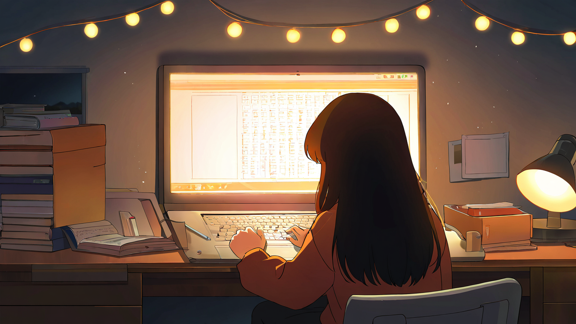girl desk night lamp lofi wallpaper