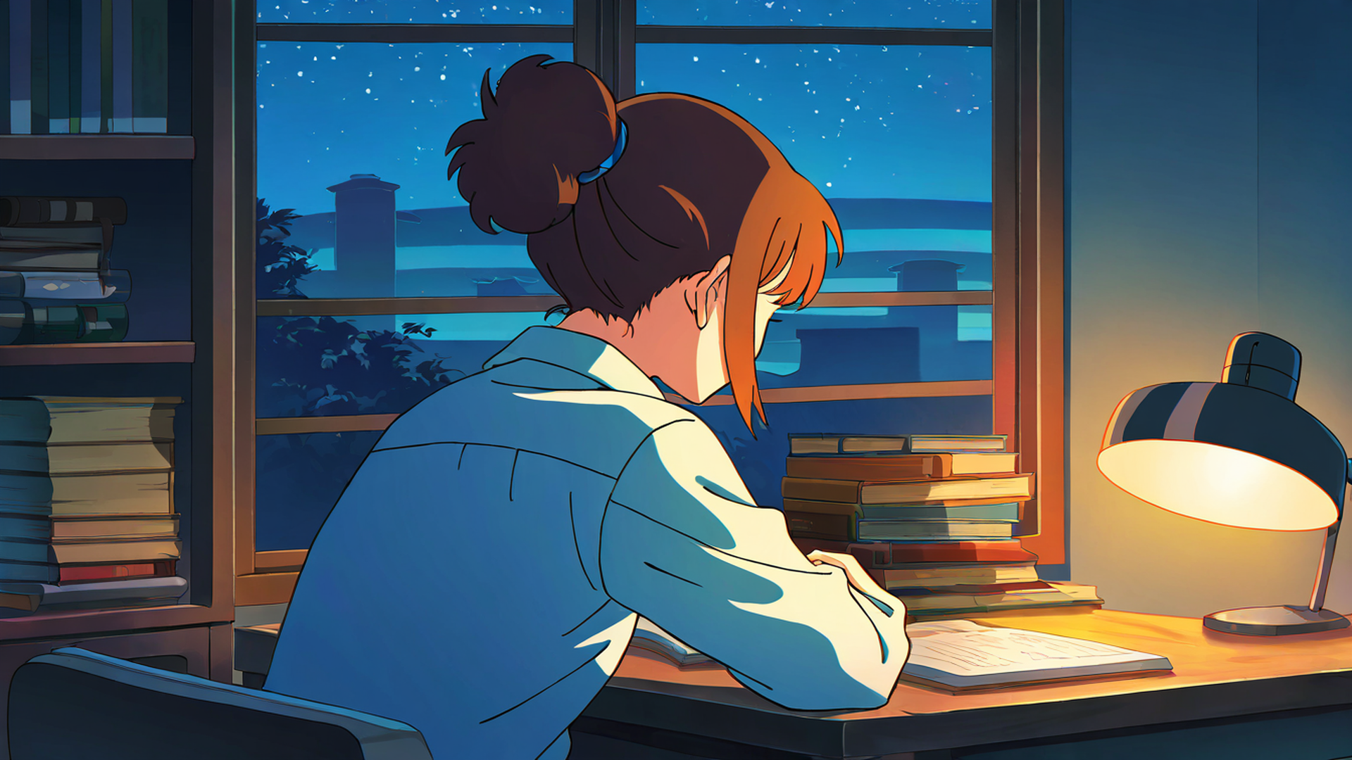girl desk night lamp lofi wallpaper