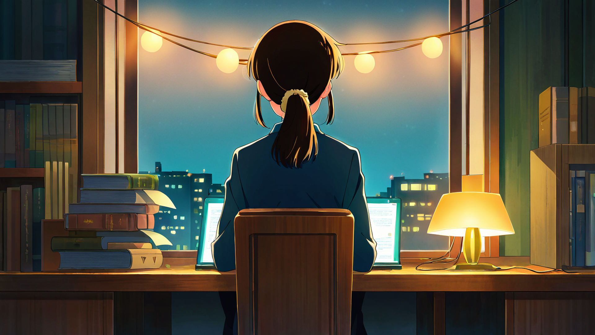 girl desk night lamp lofi wallpaper