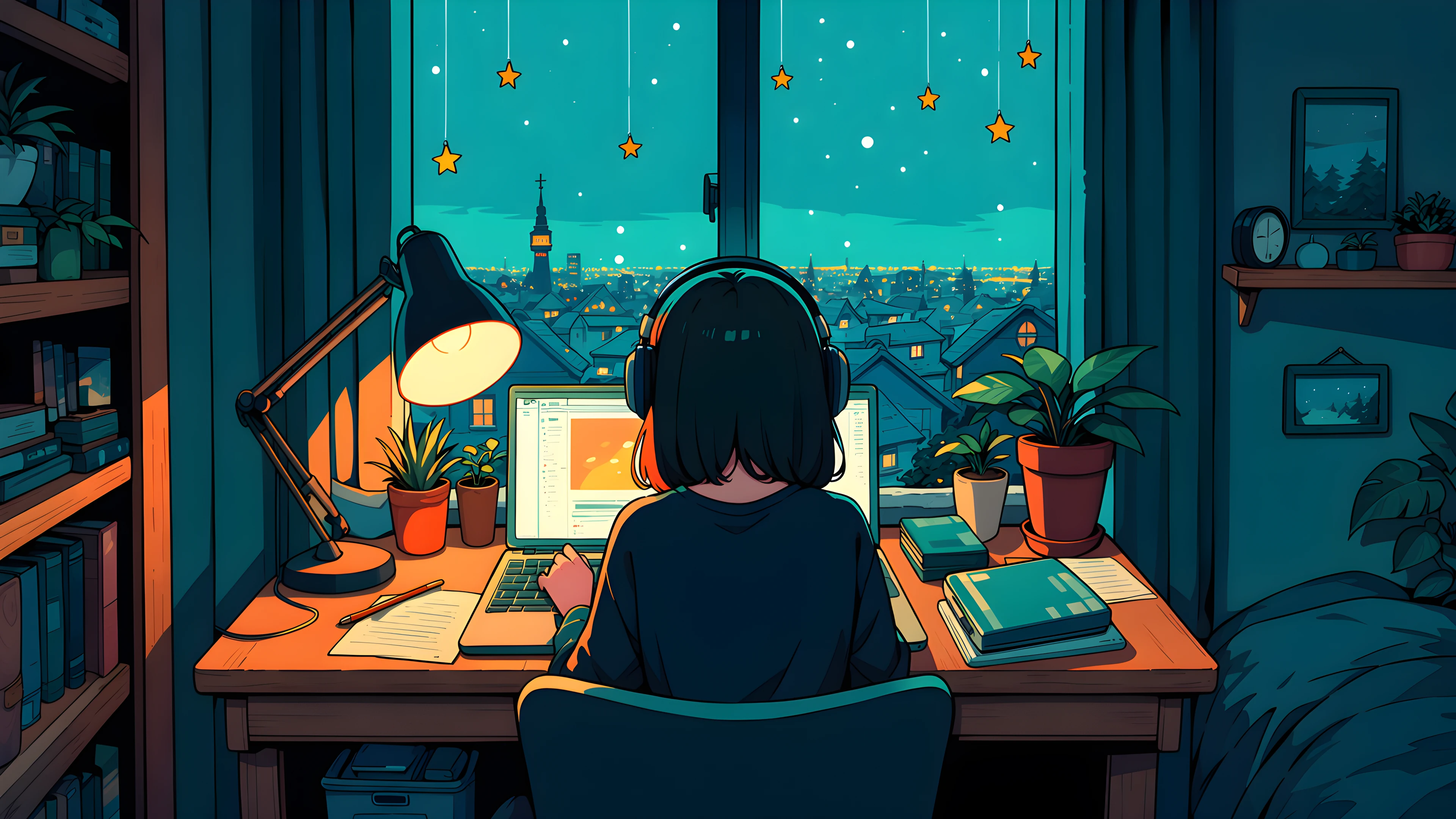 Girl Desk Night Lamp lofi wallpaper