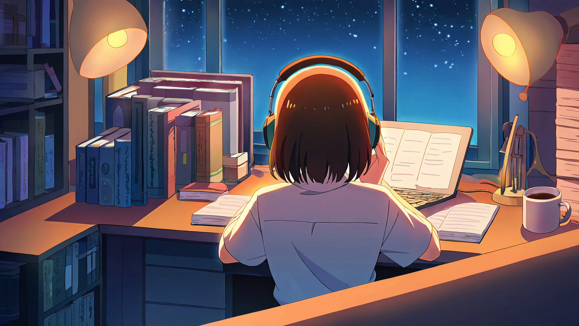 girl desk night lamp lofi wallpaper