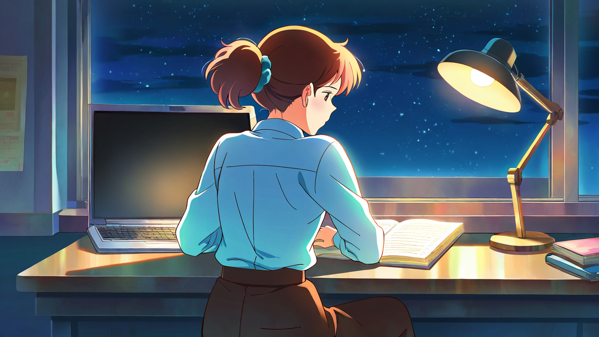 girl desk night lamp lofi wallpaper