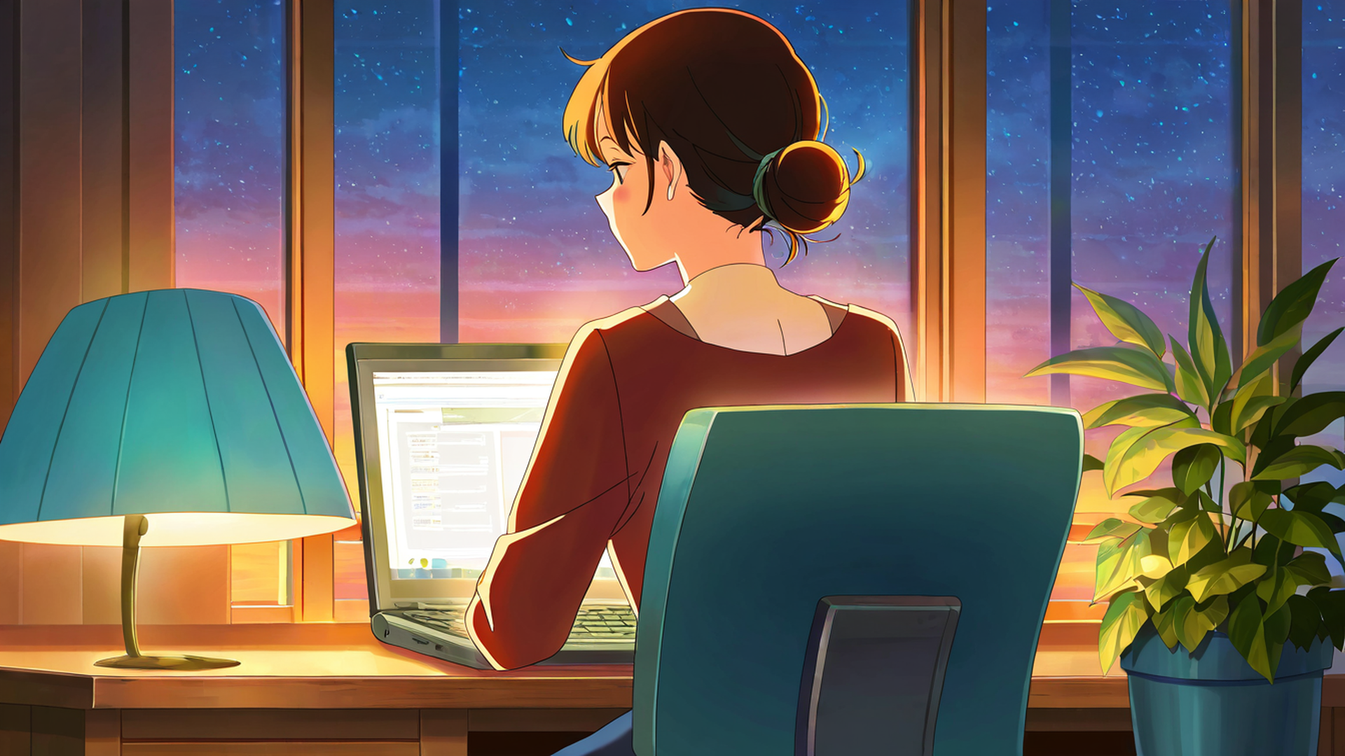 girl desk night lamp lofi wallpaper