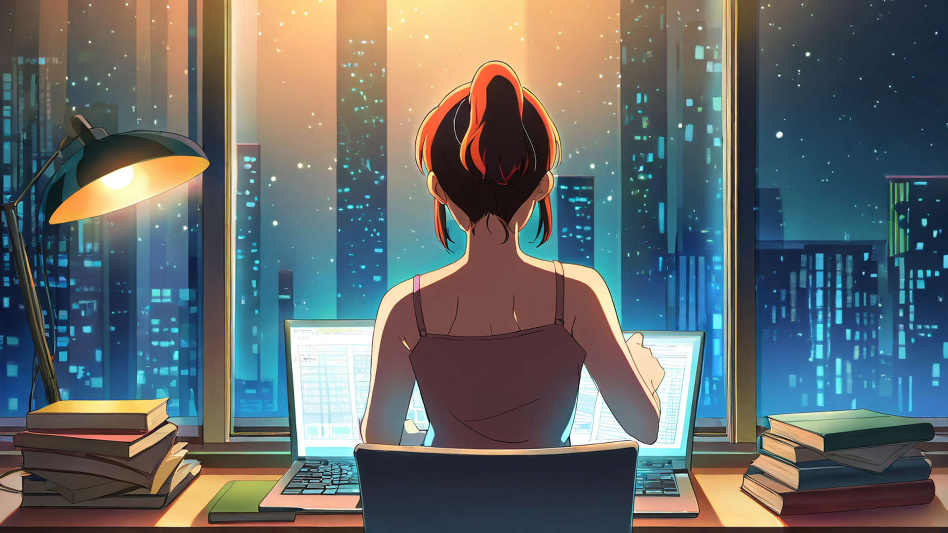 girl desk night lamp lofi wallpaper