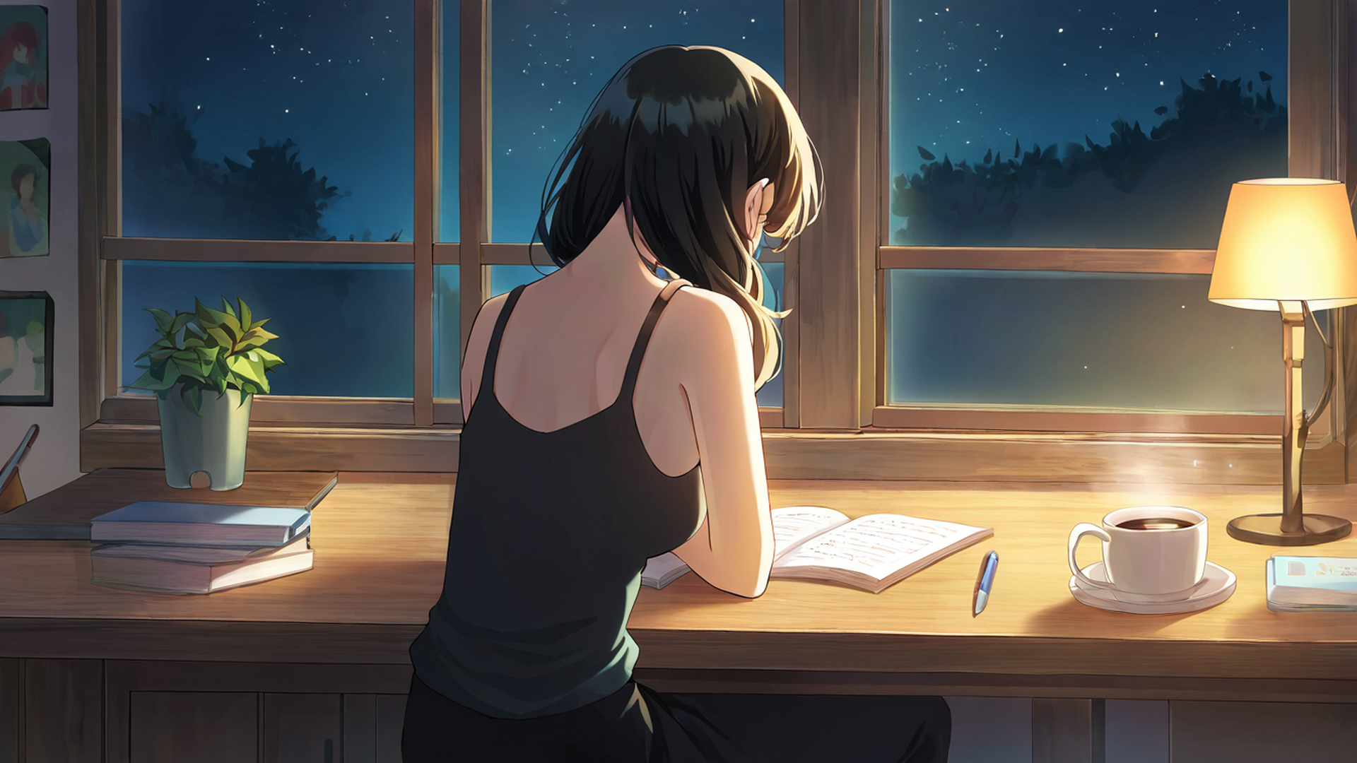 girl desk night lamp lofi wallpaper