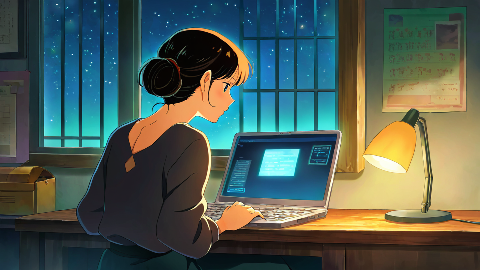 girl desk night lamp lofi wallpaper