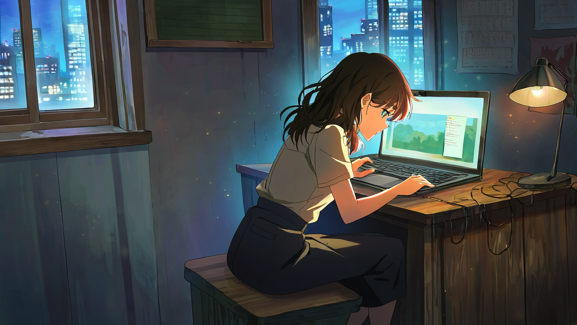 girl desk night lamp lofi wallpaper