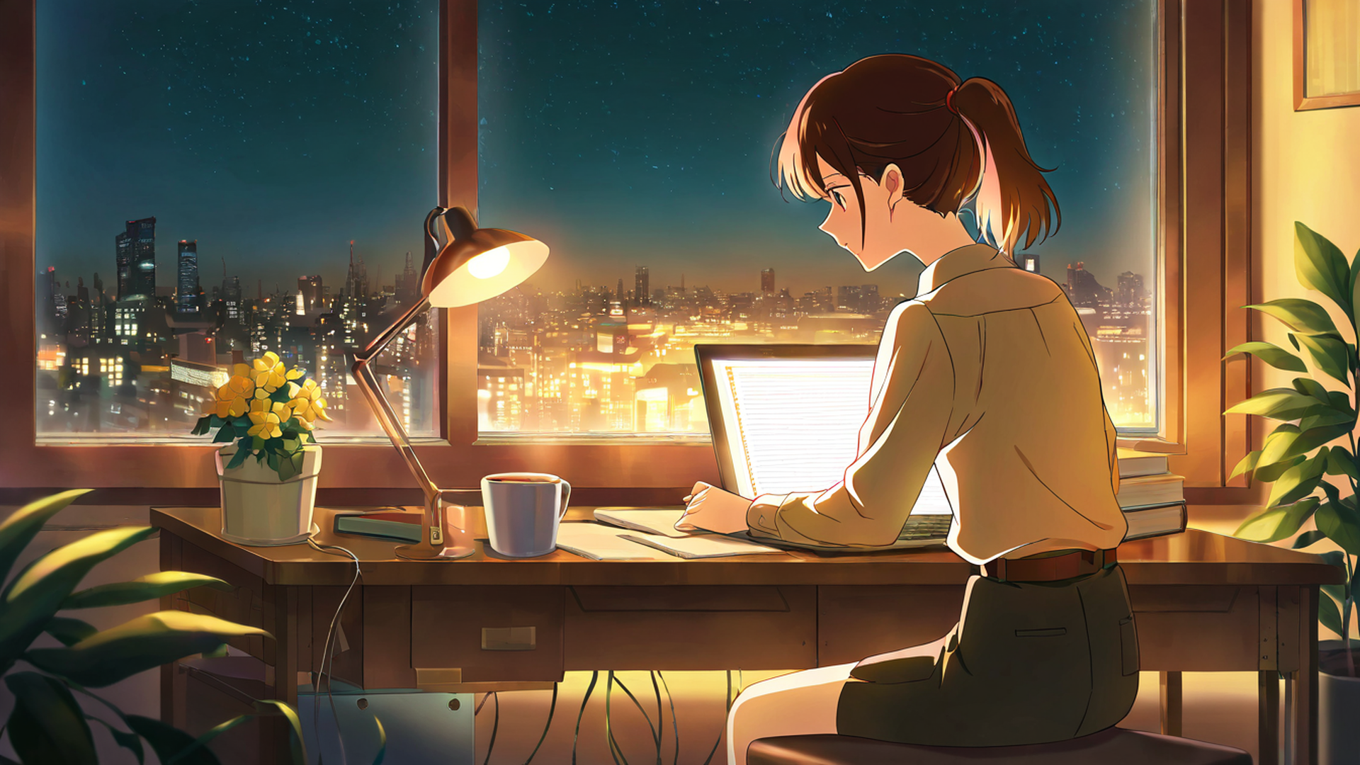 girl desk night lamp lofi wallpaper