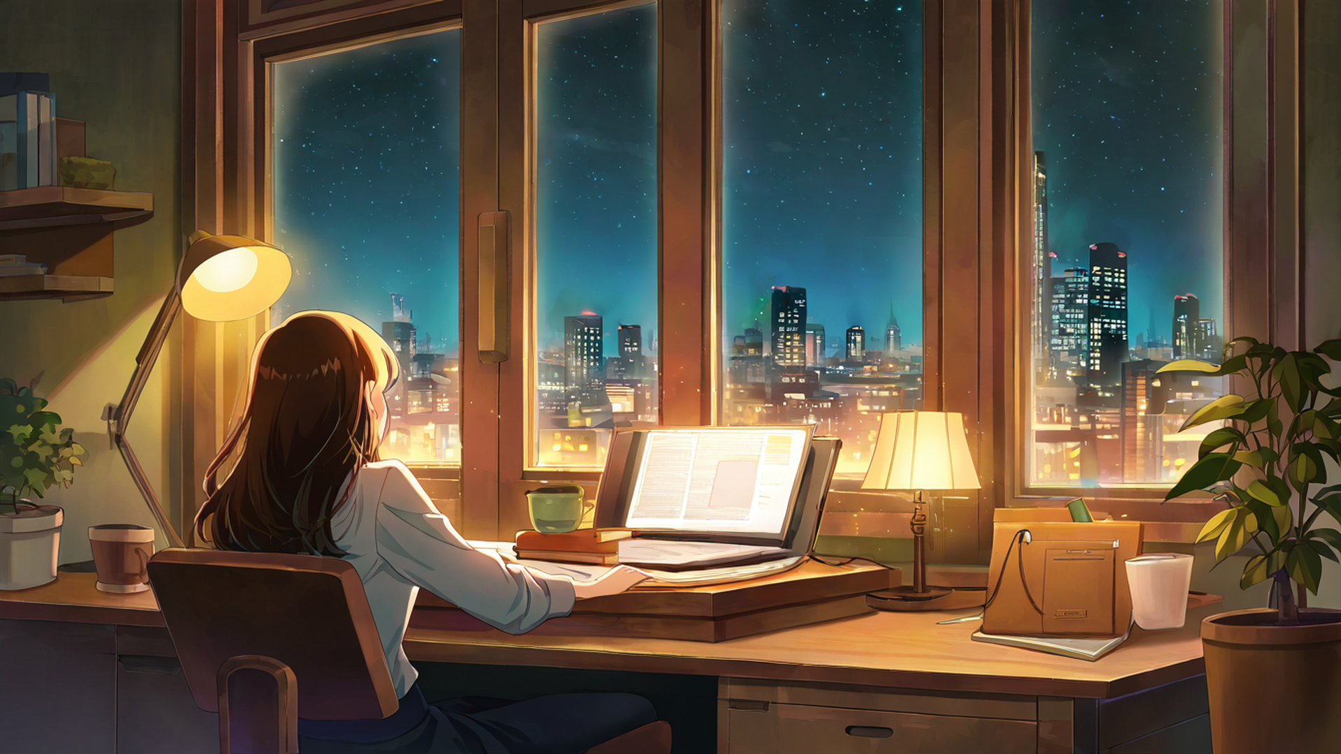 girl desk night lamp lofi wallpaper