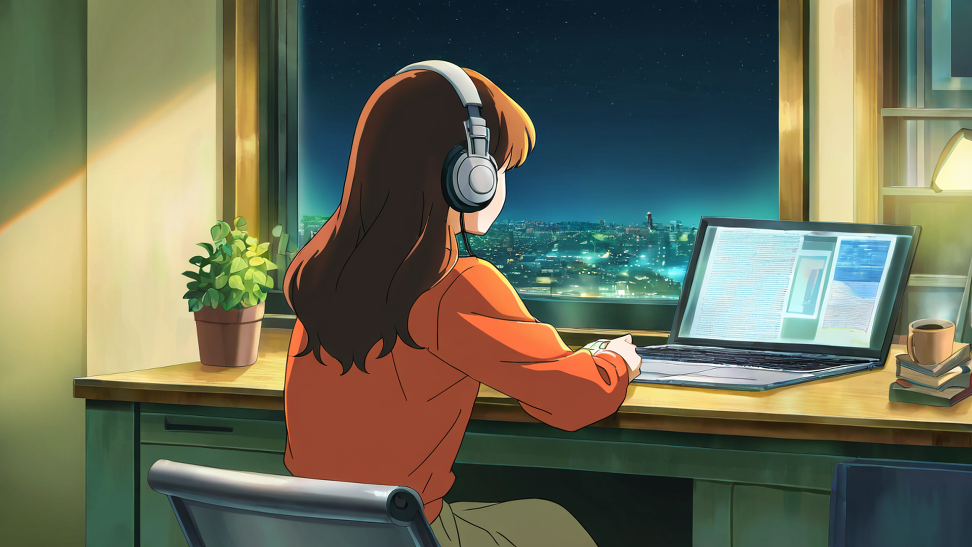 girl desk night lamp lofi wallpaper