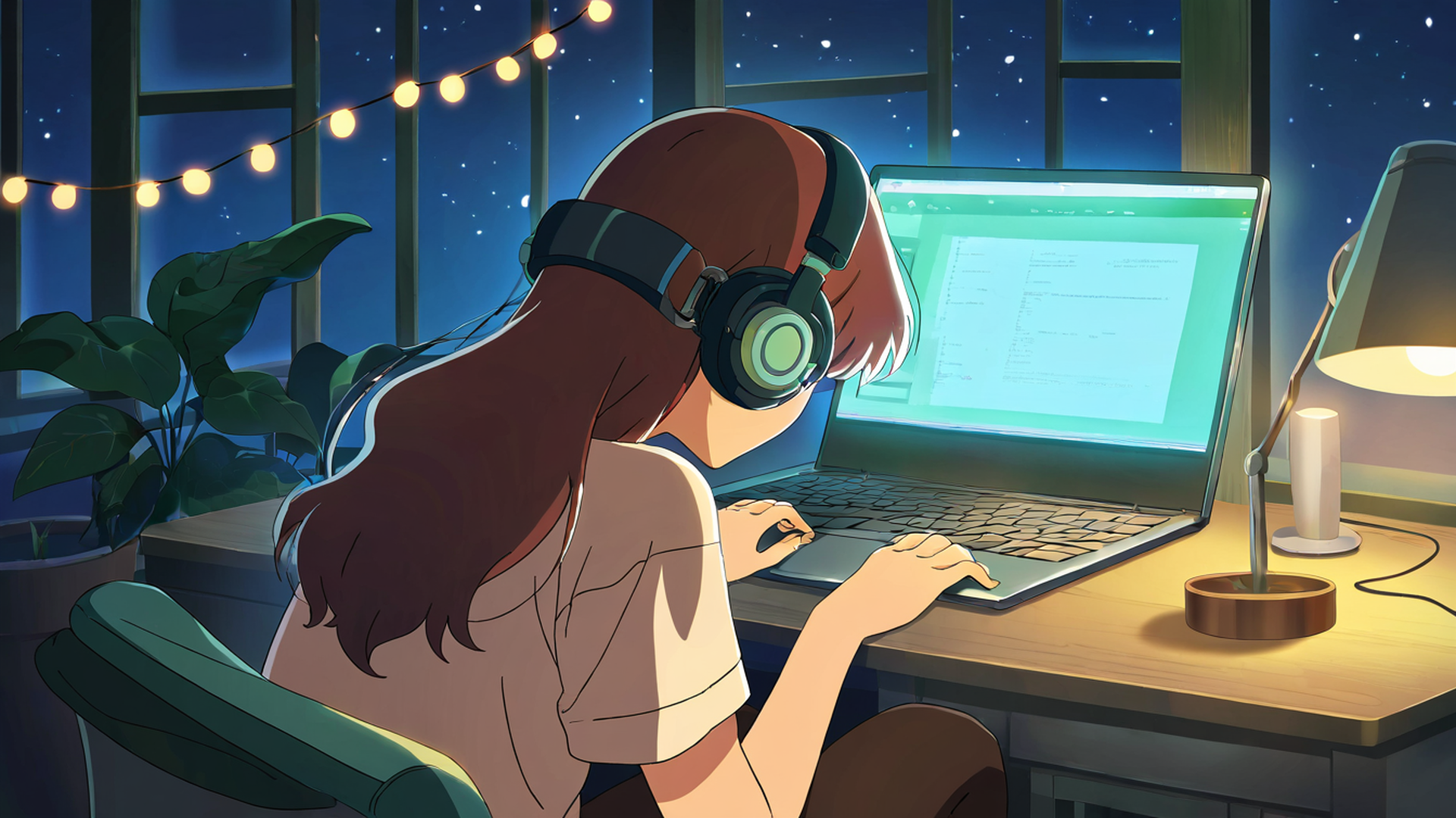girl desk night lamp lofi wallpaper