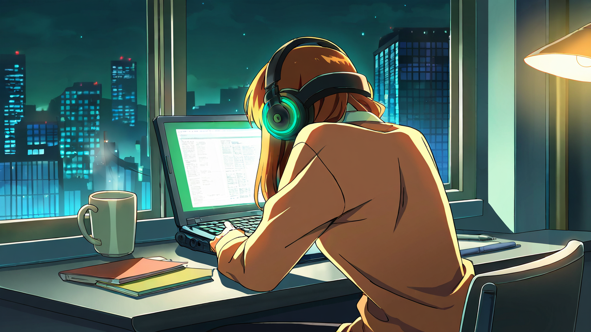 girl desk night lamp lofi wallpaper